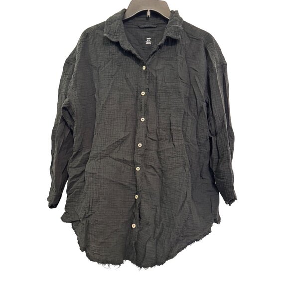 Aerie Button-Up Frayed Hem Shirt Women XS Black Lightweight Cotton Casual - Picture 1 of 5